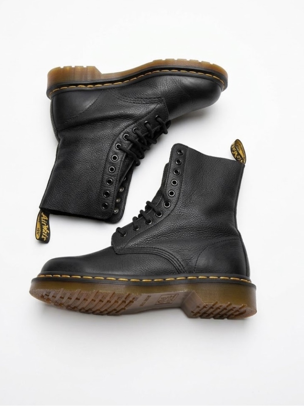 Dr. Martens Black Leather 8‑Eye Lace-Up Boots with Yellow Stitching